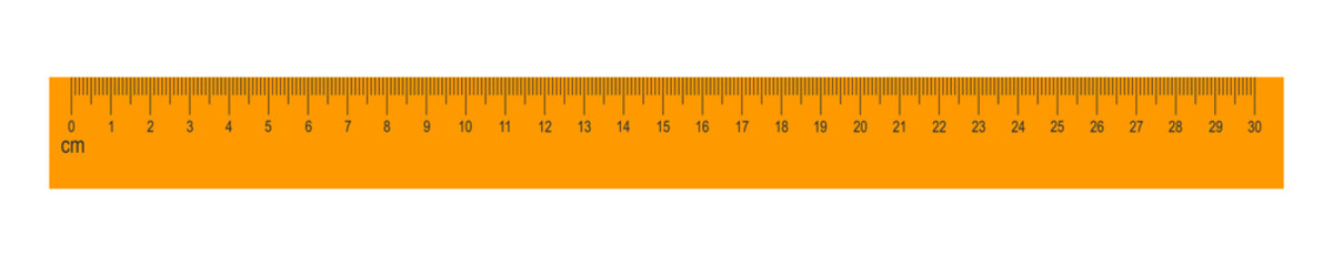 30 centimeters orange ruler isolated on white background. Math or geometric tool for distance, height or length measurement with markup and numbers. Vector flat illustration.