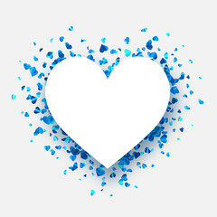 Blue foil hearts confetti heart shape frame with space for text.