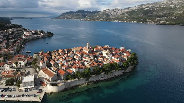 Aerial view of the Korcula old town in Croatia by the Adriatic sea