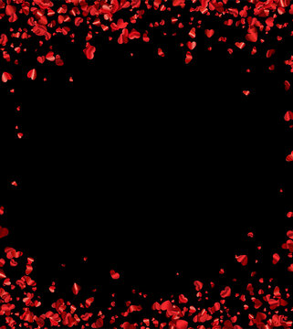 Red hearts confetti frame on black background with space for text.