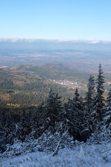 Winter in the forest. Panoramic view of a small town in the mountains