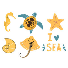 Set of hand drawn vector oceans and sea elements. Illustration of turtle, sea Horse, sea star, shell, stingray and text I Love sea. Vector illustration for icon, logo, print, icon, card, emblem