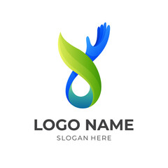 nature hand logo, hand and leaf, combination logo design with 3d colorful style