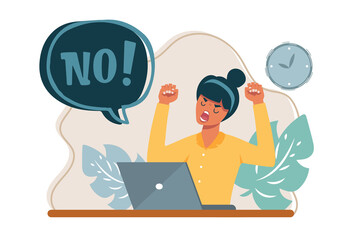 Vector cartoon illustration of No furious screaming woman. Rebel angry woman roar. Speech balloon with scream exclamation