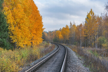 Long railway line at autumn day time.