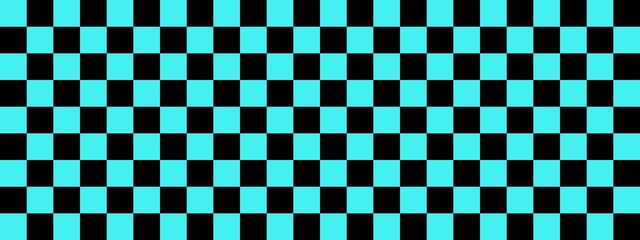 Checkerboard banner. Black and Cyan colors of checkerboard. Small squares, small cells. Chessboard, checkerboard texture. Squares pattern. Background.
