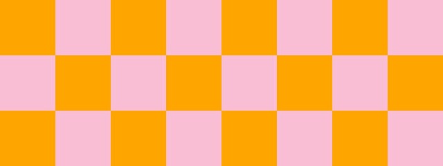 Checkerboard banner. Pink and Orange colors of checkerboard. Big squares, big cells. Chessboard, checkerboard texture. Squares pattern. Background.