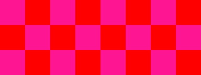 Checkerboard banner. Red and Deep pink colors of checkerboard. Big squares, big cells. Chessboard, checkerboard texture. Squares pattern. Background.