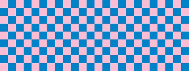 Checkerboard banner. Blue and Pink colors of checkerboard. Small squares, small cells. Chessboard, checkerboard texture. Squares pattern. Background.