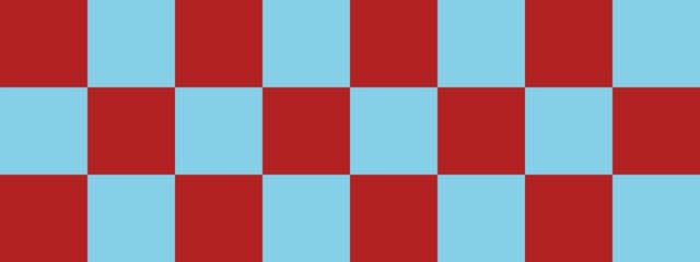Checkerboard banner. Sky blue and Firebrick colors of checkerboard. Big squares, big cells. Chessboard, checkerboard texture. Squares pattern. Background.