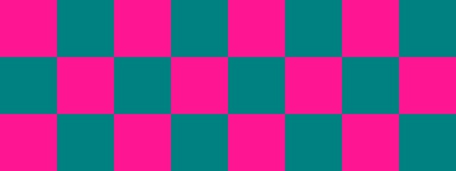 Checkerboard banner. Teal and Deep pink colors of checkerboard. Big squares, big cells. Chessboard, checkerboard texture. Squares pattern. Background.