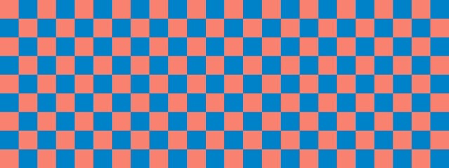 Checkerboard banner. Blue and Salmon colors of checkerboard. Small squares, small cells. Chessboard, checkerboard texture. Squares pattern. Background.