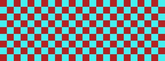 Checkerboard banner. Cyan and Firebrick colors of checkerboard. Small squares, small cells. Chessboard, checkerboard texture. Squares pattern. Background.