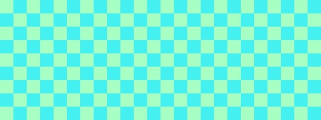 Checkerboard banner. Cyan and Mint colors of checkerboard. Small squares, small cells. Chessboard, checkerboard texture. Squares pattern. Background.