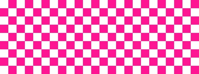 Checkerboard banner. Deep pink and White colors of checkerboard. Small squares, small cells. Chessboard, checkerboard texture. Squares pattern. Background.