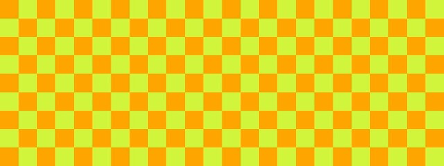 Checkerboard banner. Lime and Orange colors of checkerboard. Small squares, small cells. Chessboard, checkerboard texture. Squares pattern. Background.