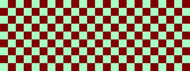 Fototapeta premium Checkerboard banner. Maroon and Mint colors of checkerboard. Small squares, small cells. Chessboard, checkerboard texture. Squares pattern. Background.
