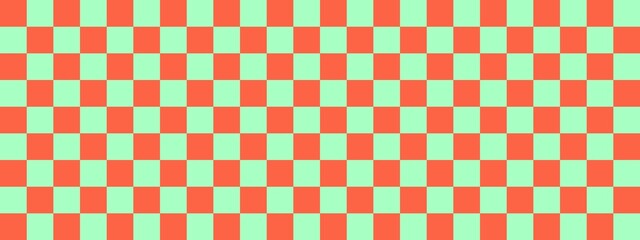 Checkerboard banner. Mint and Tomato colors of checkerboard. Small squares, small cells. Chessboard, checkerboard texture. Squares pattern. Background.