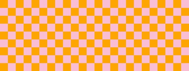 Checkerboard banner. Pink and Orange colors of checkerboard. Small squares, small cells. Chessboard, checkerboard texture. Squares pattern. Background.