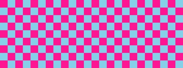 Checkerboard banner. Sky blue and Deep pink colors of checkerboard. Small squares, small cells. Chessboard, checkerboard texture. Squares pattern. Background.