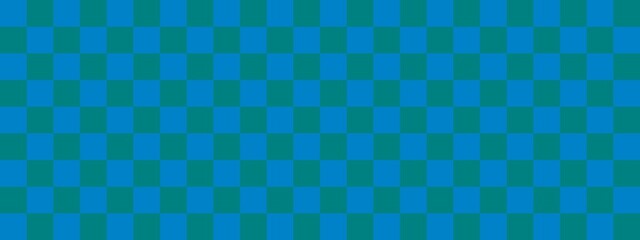 Checkerboard banner. Teal and Blue colors of checkerboard. Small squares, small cells. Chessboard, checkerboard texture. Squares pattern. Background.
