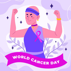 World cancer day illustration with woman and ribbon campaign fight disease or treatment, flat vector illustration