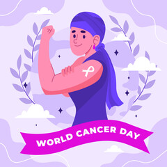 World cancer day illustration with woman and ribbon campaign fight disease or treatment, flat vector illustration