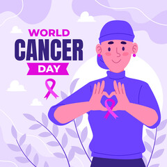 World cancer day illustration with woman and ribbon campaign fight disease or treatment, flat vector illustration