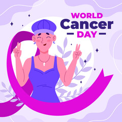 World cancer day illustration with woman and ribbon campaign fight disease or treatment, flat vector illustration