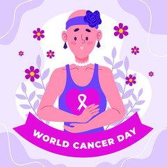 World cancer day illustration with woman and ribbon campaign fight disease or treatment, flat vector illustration