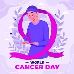 World cancer day illustration with woman and ribbon campaign fight disease or treatment, flat vector illustration