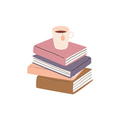 Hand drawn stack of books and a cup of tea
