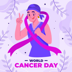 World cancer day illustration with woman and ribbon campaign fight disease or treatment, flat vector illustration