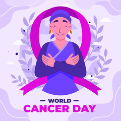 World cancer day illustration with woman and ribbon campaign fight disease or treatment, flat vector illustration