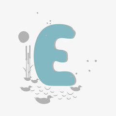 Minimalistic pattern in an oriental style in form of letter E. Flock of birds, ducks flying, reeds growing by lake. Abstract objects, spots, points, shadows. Vector illustration, for logo design