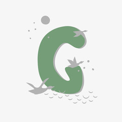 Obraz premium Minimalistic pattern in oriental style in form of letter G. Flock of birds, ducks are flying. Abstract objects, spots, points, shadows. Vector illustration, for logo design, banners.