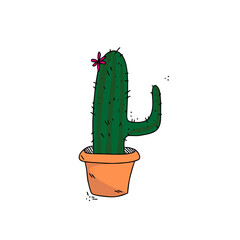 Sketch drawing of cactus in ceramic pot. Vector drawing for design of textiles, t-shirts, books, advertising.