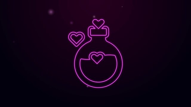 Glowing neon line Bottle with love potion icon isolated on black background. Happy Valentines day. 4K Video motion graphic animation