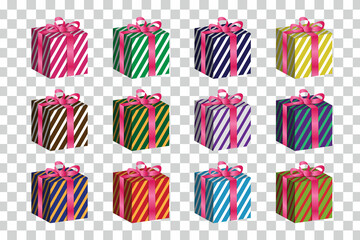 Fototapeta premium 3d gift box realistic set collection design vector graphic, with striped pattern