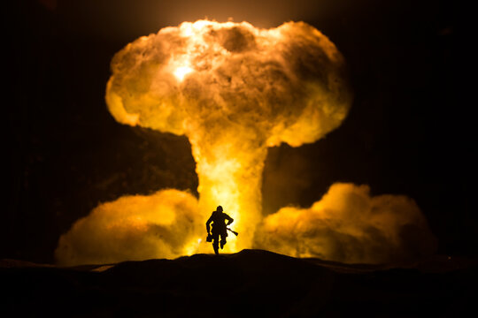 Nuclear war concept. Explosion of nuclear bomb. Creative artwork decoration in dark.