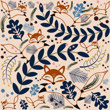 Patr&oacute;n elegante con elementos florales de invierno, navidad, plantas, ramas, pi&ntilde;as, pinos, zorros.