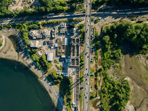 Stock Aerial Photo of Lions Gate Bridge and Marine Drive North Vancouver BC  , Canada