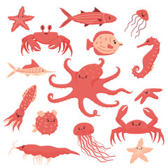 Set of cartoon isolated sea ocean animals. Doodle vector shrimp, sea Horse, jellyfish, fish, stars, crab, octopus in flat style