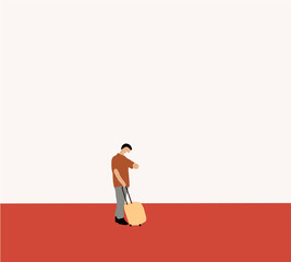 Man with a luggage checking the time on his watch at airport. Travel concept. Flat vector illustration.