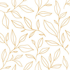 Fototapeta na wymiar Seamless pattern with one line leaves. Vector floral background in trendy minimalistic linear style.