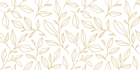 Behang Wit Naadloos patroon met één lijnbladeren. Vector bloemenachtergrond in trendy minimalistische lineaire stijl.