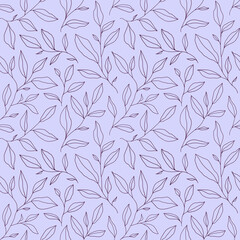 Seamless pattern with one line leaves. Vector floral background in trendy minimalistic linear style.