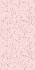 Seamless pattern with one line leaves. Vector floral background in trendy minimalistic linear style.