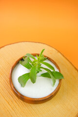  Stevia rebaudiana on orange background.Stevia fresh green twig in a cup with crystal stevia powder on a wooden saw cut on a bright orange background. 