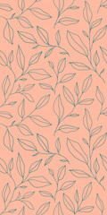 Seamless pattern with one line leaves. Vector floral background in trendy minimalistic linear style.